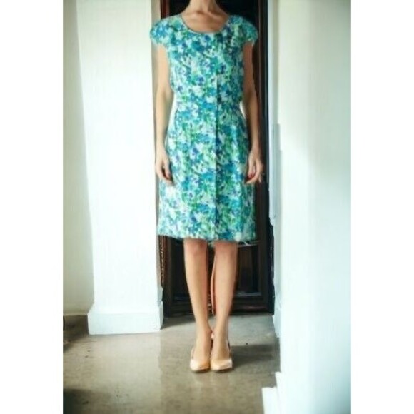 Calvin Klein Sleeveless Knee Length Ditsy Shift Dress Women Size 8 Green/Blue - Picture 9 of 9
